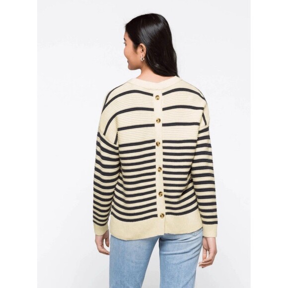 Madewell Greensboro Button Back Sweater blue cream striped small - Picture 2 of 9